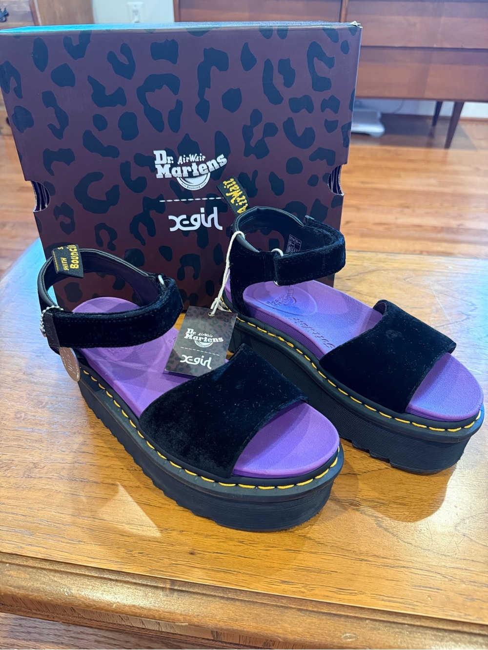 RARE X-Girl Doc Martens Collab Black Velvet and Purple Platform Sandals